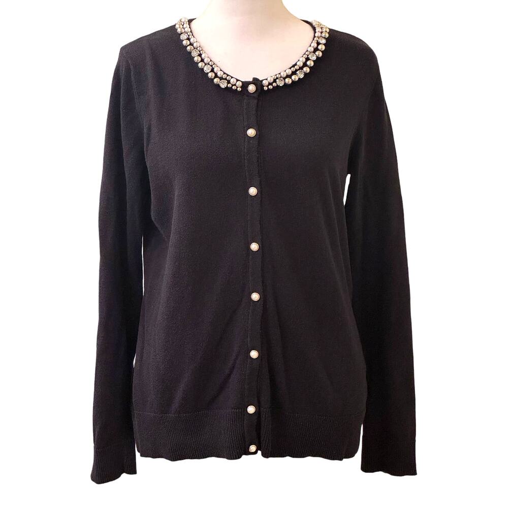 New York & Company 7th Avenue Black Cardigan Sweater Jeweled Neckline Size Large